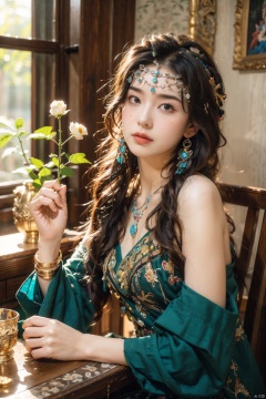 (Masterpiece, top quality, best quality, official art, beauty and aesthetics: 1.2), upper body, 1 girl, beautiful face, facial focus, solo, flowing long hair, braids, multiple braids, floating hair, blue eyes, chest, black hair, jewelry, wearing a vibrant Tibetan dress decorated with colorful patterns and complex embroidery, boots, necklaces, tables, bangs trim, Bracelet, layered sleeves, fluffy sleeves, slim body, dynamic angles, flowers, plants, vibrant colors, reed bushes, realism, soft light, spiritual pursuit, tranquility, extreme detail, 8k, crazy details, complex details,

