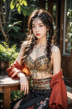 (Masterpiece, top quality, best quality, official art, beauty and aesthetics: 1.2), upper body, 1 girl, beautiful face, facial focus, solo, flowing long hair, braids, multiple braids, floating hair, blue eyes, chest, black hair, jewelry, wearing a vibrant Tibetan dress decorated with colorful patterns and complex embroidery, boots, necklaces, tables, bangs trim, Bracelet, layered sleeves, fluffy sleeves, slim body, dynamic angles, flowers, plants, vibrant colors, reed bushes, realism, soft light, spiritual pursuit, tranquility, extreme detail, 8k, crazy details, complex details,

