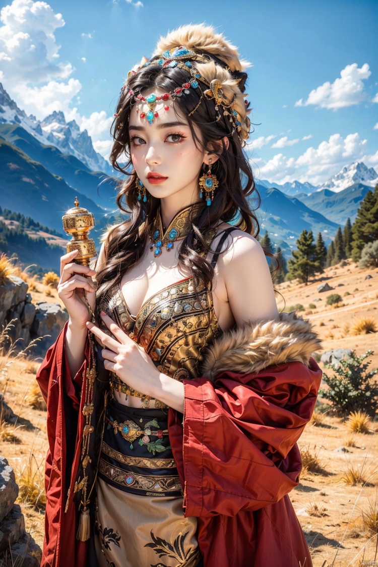 (Masterpiece, top quality, best quality, official art, beauty and aesthetics: 1.2), White Tibetan clothing,1girl, blue sky, cloud, cloudy sky, day, earrings,Plush hat, horizon,Chinese Tibetan clothing,Tibetan Earrings,Silver Tibetan prayer wheel,Tibetan girl , jewelry, lips, mountain, outdoors, parted lips, red lips, sky, solo, upper body,Holding a Tibetan prayer wheel in hand, 8k, crazy details, complex details,