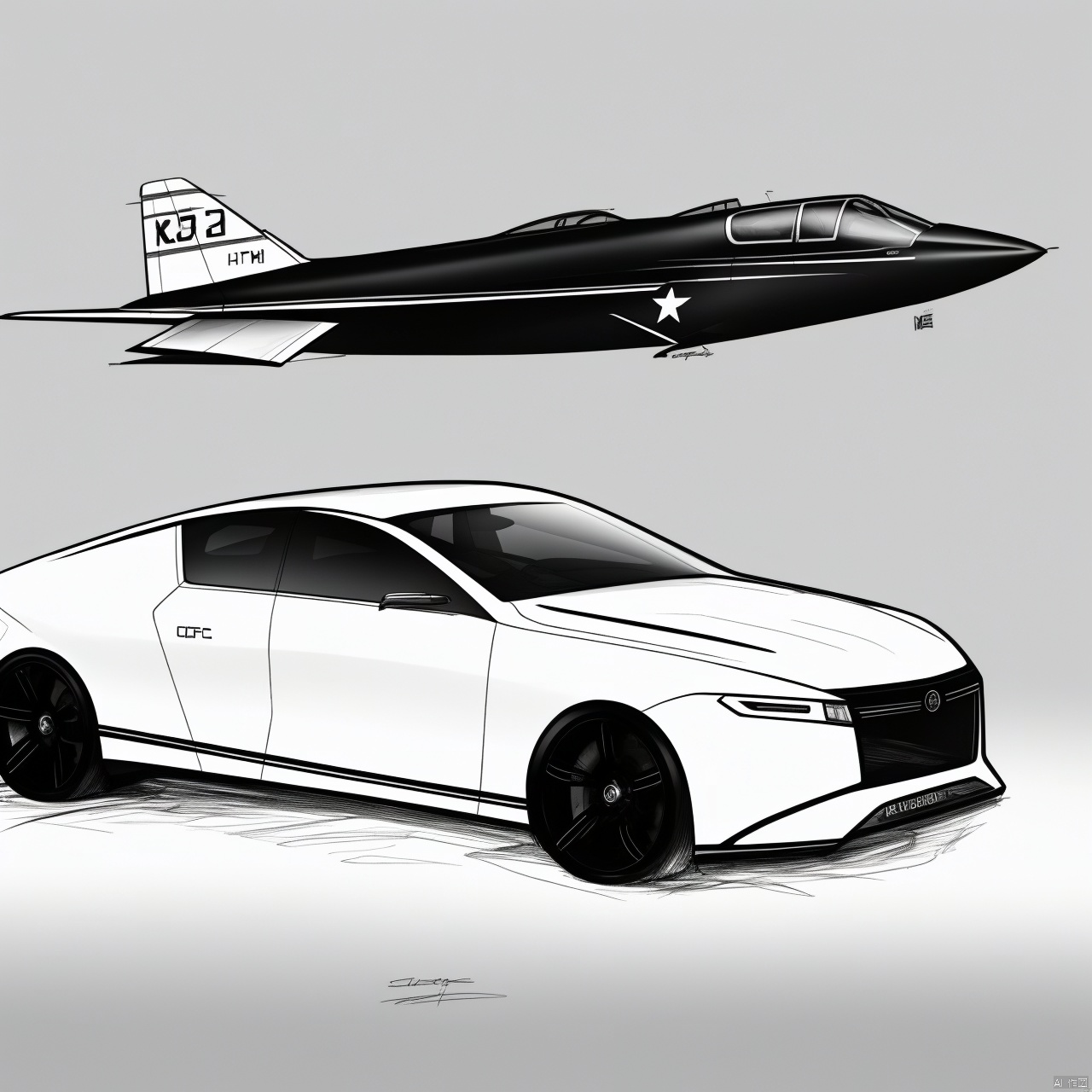  monochrome, greyscale, sketch, military, no humans, mecha, science fiction, aircraft, military vehicle, airplane, vehicle focus, jet, fighter jet, syd_hardy,industrial design hand-drawn sketches, line drawings, pencil sketches.white background, Concept Car Design,line drawings