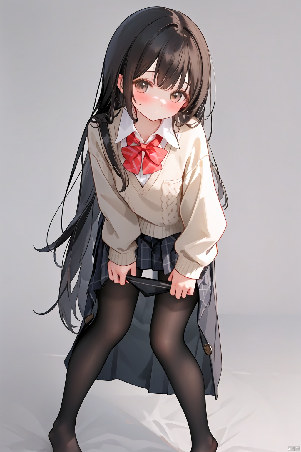  1girl, solo, pantyhose, skirt, long hair, loafers, no shoes, simple background, school uniform, brown eyes, plaid, white pantyhose, plaid skirt, looking at viewer, black hair, pantyhose pull, full body, clothes pull, black footwear, pleated skirt, leaning forward, bangs, long sleeves, bent over, cardigan, bow, bowtie, standing, closed mouth, pulled by self, grey background, blush, miniskirt, red bow, sweater, **********, backlight, panties under pantyhose