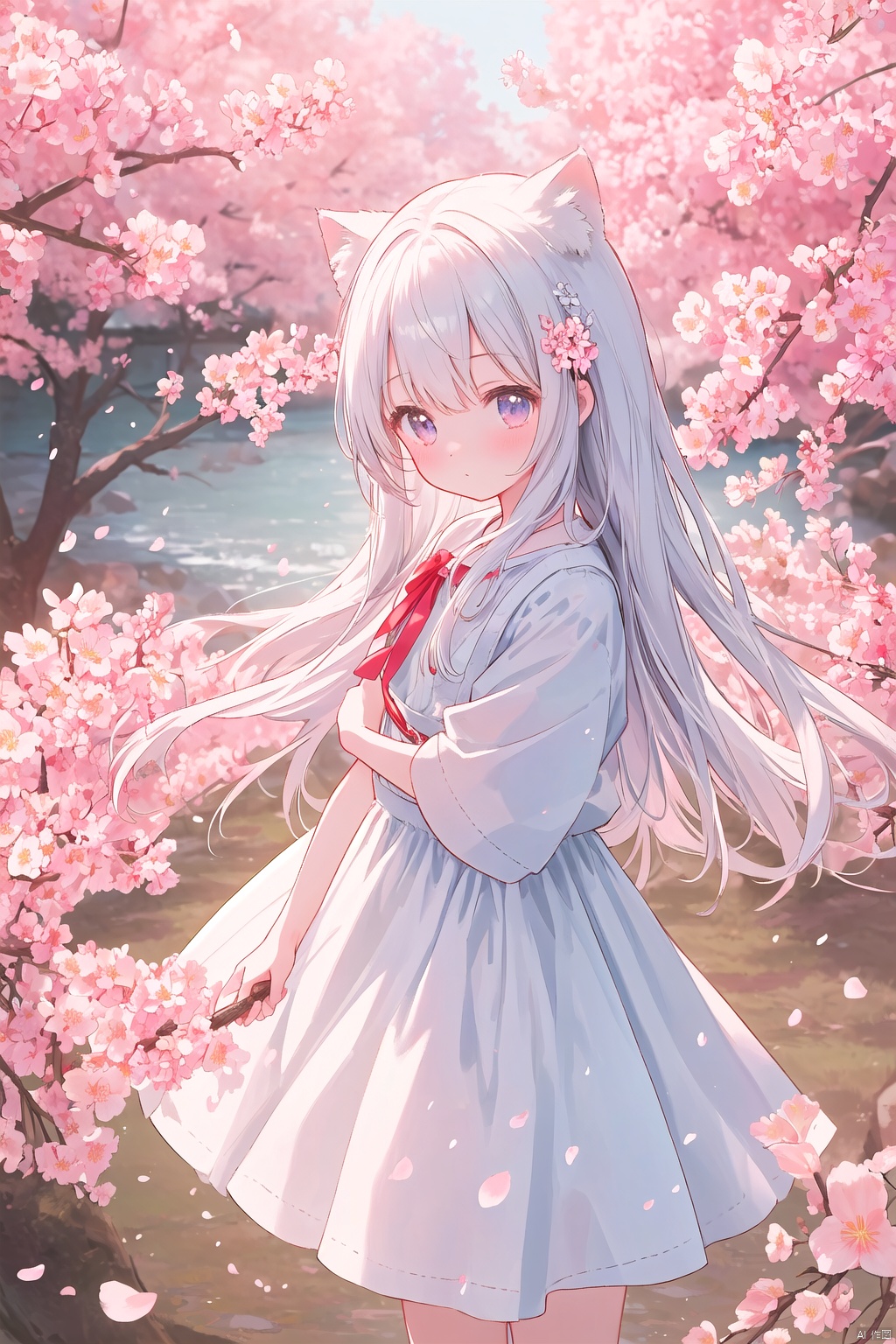  The image features a beautiful anime girl dressed in a flowing white and red dress, standing amidst a flurry of red cherry blossoms. The contrast between her white dress and the red flowers creates a striking visual effect. The lighting in the image is well-balanced, casting a warm glow on the girl and the surrounding flowers. The colors are vibrant and vivid, with the red cherry blossoms standing out against the white sky. The overall style of the image is dreamy and romantic, perfect for a piece of anime artwork. The quality of the image is excellent, with clear details and sharp focus. The girl's dress and the flowers are well-defined, and the background is evenly lit, without any harsh shadows or glare. From a technical standpoint, the image is well-composed, with the girl standing in the center of the frame, surrounded by the blossoms. The use of negative space in the background helps to draw the viewer's attention to the girl and the flowers. The cherry blossoms, often associated with transience and beauty, further reinforce this theme. The girl, lost in her thoughts, seems to be contemplating the fleeting nature of beauty and the passage of time. Overall, this is an impressive image that showcases the photographer's skill in capturing the essence of a scene, as well as their ability to create a compelling narrative through their art.catgirl,loli
