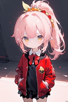 1petite loli, solo.pink hair, yellow eyes, hair flower, fipped hair, (red Jacket), high ponytail, white collared shirt, black dress, red bowtie;Frown, looking at viewer, hands in pockets, standing.