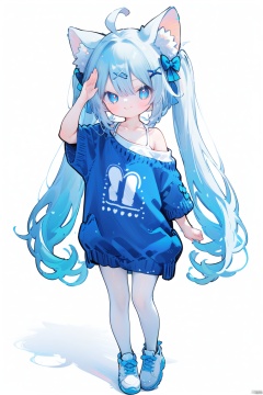  1girl, solo, long hair, looking at viewer, blush, smile, bangs, blue eyes, simple background, shirt, hair ornament, white background, bow, animal ears, hair between eyes, bare shoulders, twintails, very long hair, closed mouth, blue hair, standing, collarbone, full body, ahoge, white hair, short sleeves, hair bow, heart, pantyhose, multicolored hair, shoes, hairclip, cat ears, off shoulder, arm up, sweater, animal ear fluff, gradient, symbol-shaped pupils, gradient hair, white footwear, x hair ornament, white pantyhose, salute, off-shoulder sweater