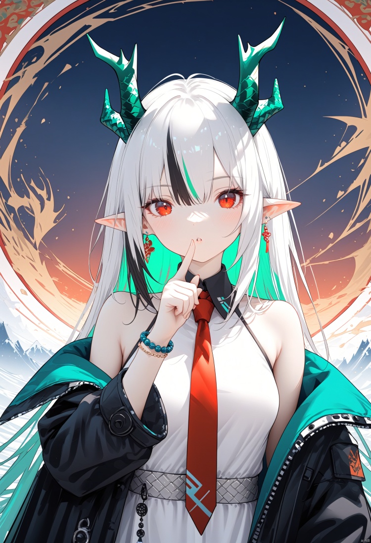 dusk (arknights), 1girl, solo, horns, red eyes, black hair, long hair, looking at viewer, pointy ears, breasts, dress, jewelry, white dress, necktie, multicolored hair, red necktie, upper body, bare shoulders, very long hair, earrings, parted lips, medium breasts, dragon horns, colored skin, bracelet, bangs, index finger raised, off shoulder, floating hair, finger to mouth, blush, coat, green skin, black coat, covered navel, sleeveless dress, sleeveless, white background, simple background
//BREAK,
fine fabric emphasis, maximalism background, best quality, amazing quality, very aesthetic, absurdres, best quality, amazing quality, very aesthetic, absurdres, Highly detailed, best quality, masterpiece,