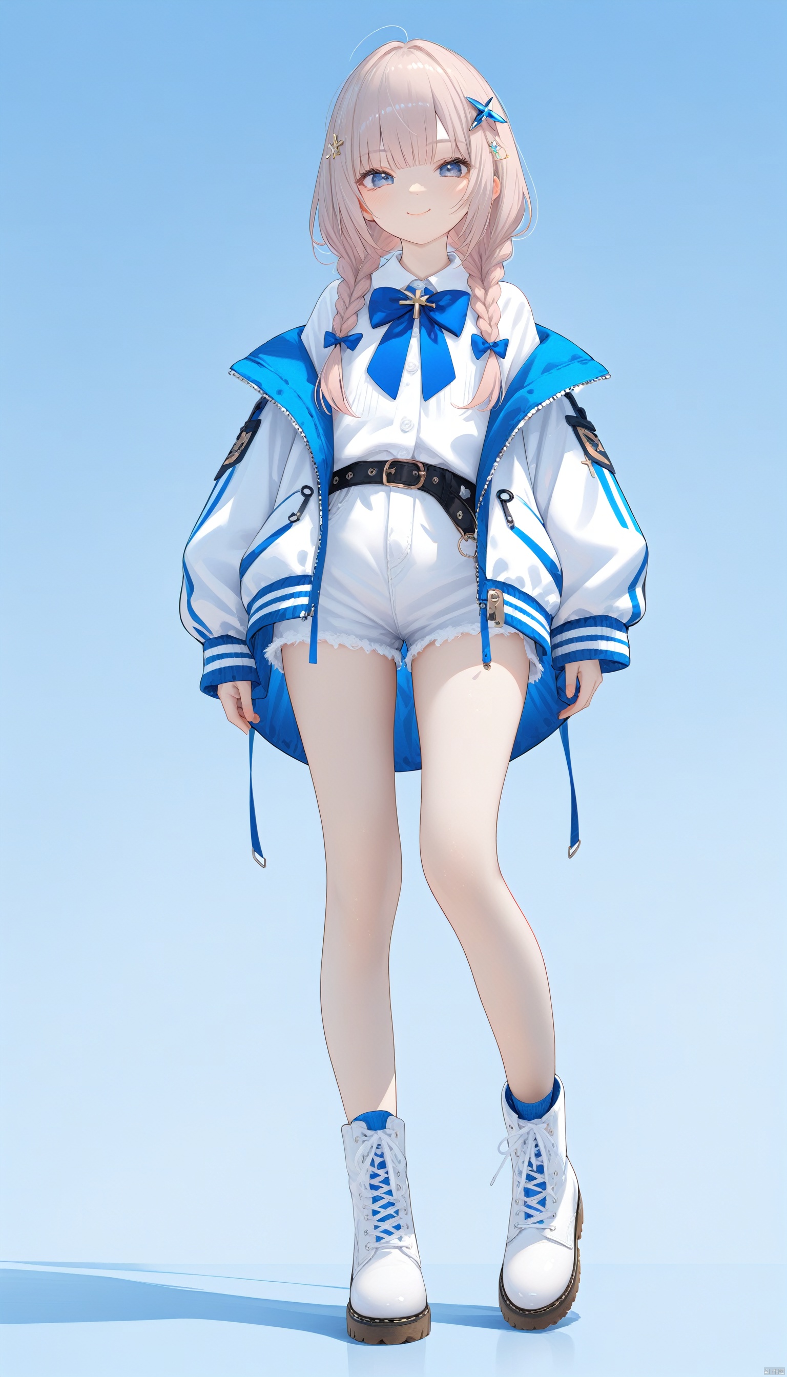 masterpiece,best quality,masterpiece,best quality,
1girl, solo, long hair, simple background, white background, looking at viewer, smile, bangs, shirt, hair ornament, long sleeves, bow, very long hair, closed mouth, standing, jacket, full body, white shirt, braid, boots, open clothes, shorts, puffy sleeves, collared shirt, belt, virtual youtuber, bowtie, off shoulder, twin braids, open jacket, short shorts, dress shirt, blue bow, white footwear, white jacket, cross-laced footwear, puffy long sleeves, white shorts, lace-up boots,
BREAK fine fabric emphasis,best quality,masterpiece,best quality,amazing quality,very aesthetic,absurdres,best quality,amazing quality,very aesthetic,absurdres,Highly detailed,best quality,masterpiece,Highly detailed,