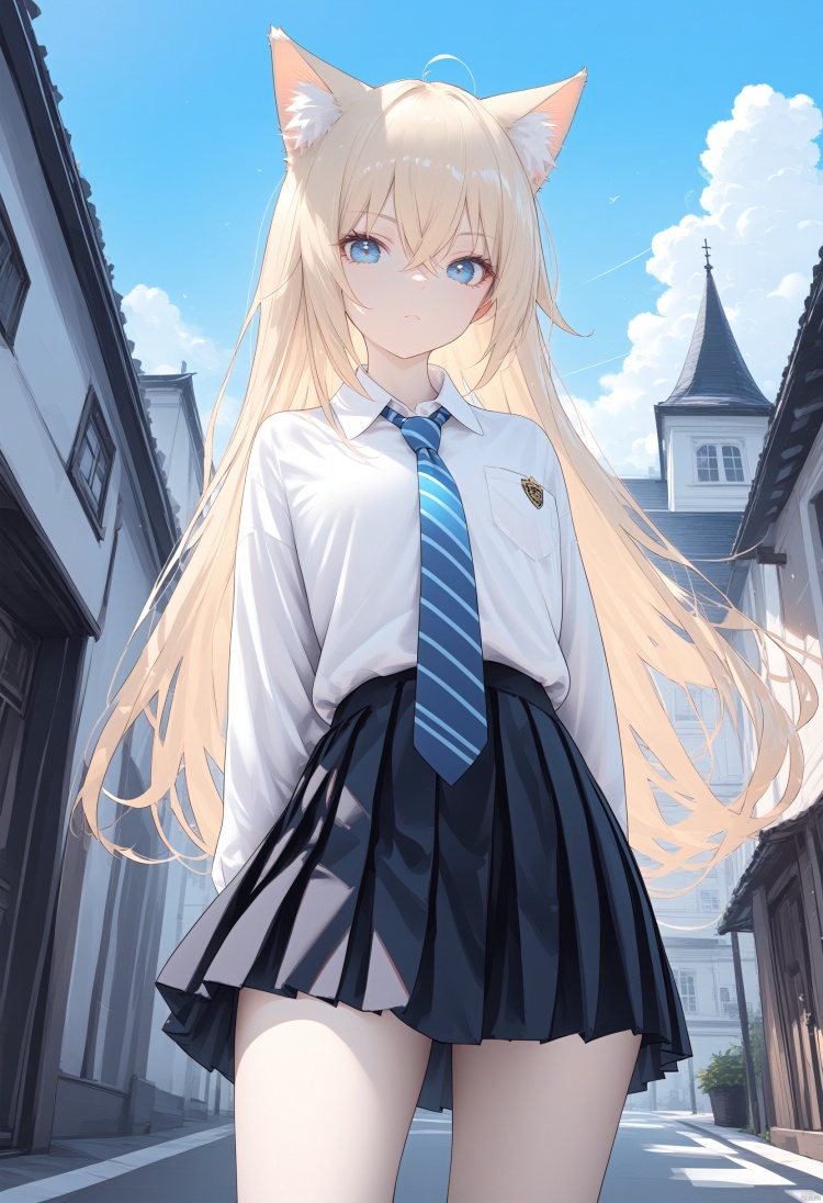 1girl, solo, outdoors, skirt, animal ears, shirt, necktie, long hair, white shirt, collared shirt, pleated skirt, animal ear fluff, looking at viewer, blonde hair, blue eyes, bangs, cowboy shot, long sleeves, blue necktie, striped necktie, closed mouth, black skirt, school uniform, sky, arms behind back, building, hair between eyes, breast pocket, standing, crossed bangs, cloud, pocket, day, shirt tucked in, striped
//BREAK,
fine fabric emphasis, maximalism, best quality, amazing quality, very aesthetic, absurdres, best quality, amazing quality, very aesthetic, absurdres, Highly detailed, best quality, masterpiece,