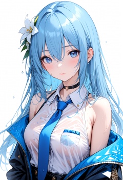 1girl, solo, long hair, blue eyes, necktie, shirt, blue hair, flower, looking at viewer, hair ornament, sleeveless, breasts, upper body, white shirt, bangs, choker, white background, closed mouth, jacket, blue necktie, bare shoulders, wet, off shoulder, sleeveless shirt, collared shirt, hair between eyes, hair flower, holding, simple background, holding flower, black jacket, blush, wet clothes, medium breasts, black choker, see-through, white flower
//BREAK,
fine fabric emphasis, maximalism, best quality, amazing quality, very aesthetic, absurdres, best quality, amazing quality, very aesthetic, absurdres, Highly detailed, best quality, masterpiece,