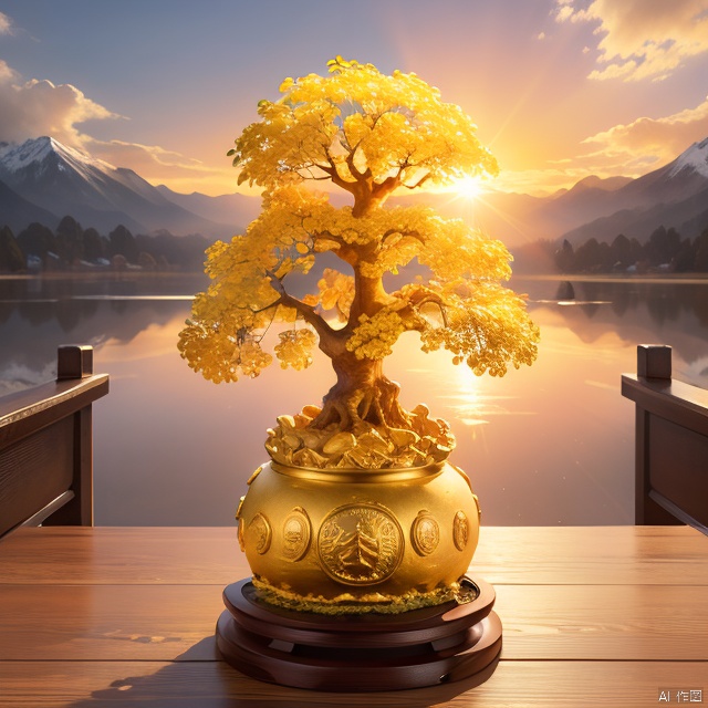 (masterpiece, best quality:1.2), Money tree on the top of the mountain,The sun shines on the money tree（ （（Sunset）））,light warm（ （（充满阳光元素的masterpiece）））（（best quality））, （（intricate details））（8k）