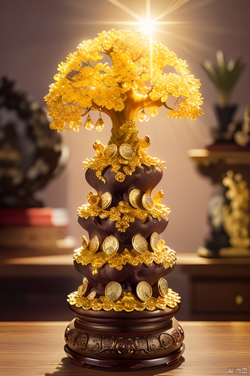 (masterpiece, best quality:1.2), Money tree on the top of the mountain,The sun shines on the money tree（ （（Sunset）））,light warm（ （（充满阳光元素的masterpiece）））（（best quality））, （（intricate details））（8k）