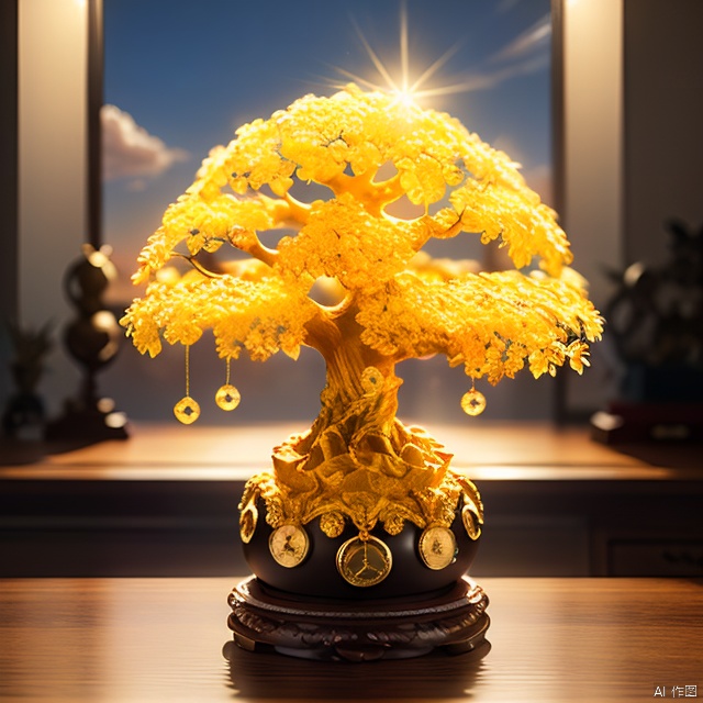 (masterpiece, best quality:1.2), Money tree on the top of the mountain,The sun shines on the money tree（ （（Sunset）））,light warm（ （（充满阳光元素的masterpiece）））（（best quality））, （（intricate details））（8k）