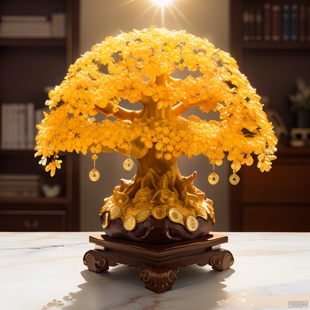 (masterpiece, best quality:1.2), Money tree on the top of the mountain,The sun shines on the money tree（ （（Sunset）））,light warm（ （（充满阳光元素的masterpiece）））（（best quality））, （（intricate details））（8k）