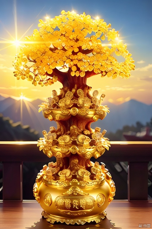 (masterpiece, best quality:1.2), Money tree on the top of the mountain,The sun shines on the money tree（ （（Sunset）））,light warm（ （（充满阳光元素的masterpiece）））（（best quality））, （（intricate details））（8k）