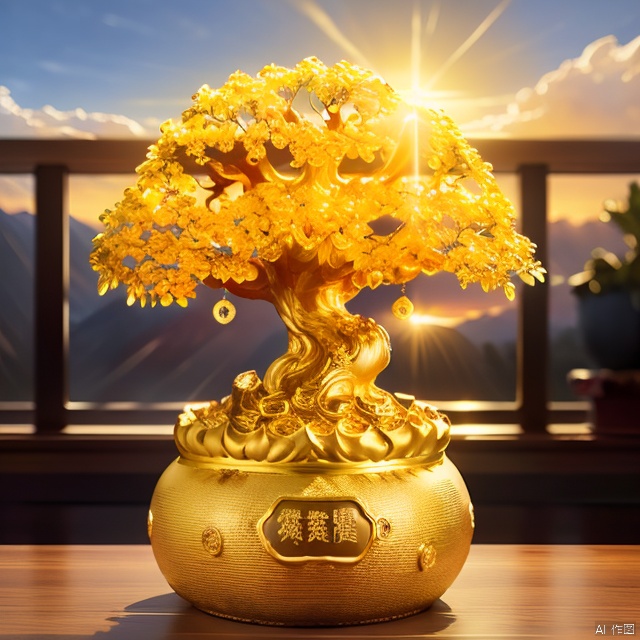 (masterpiece, best quality:1.2), Money tree on the top of the mountain,The sun shines on the money tree（ （（Sunset）））,light warm（ （（充满阳光元素的masterpiece）））（（best quality））, （（intricate details））（8k）