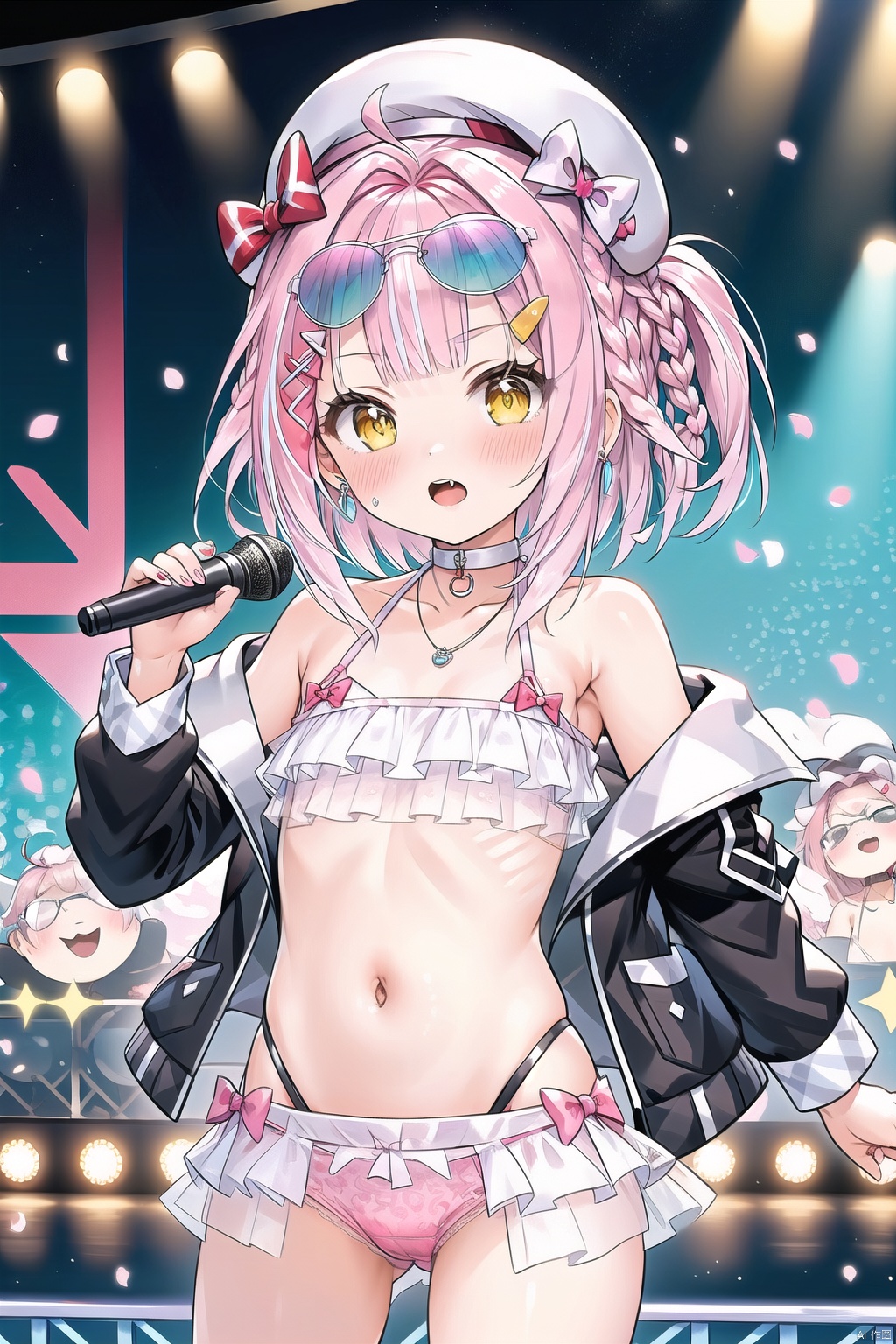  1girl, ((hair ornament)), chain leash, ((spotlight)), ((TMQ)), ((bangs)), ((hair ornament)), ((hat)), ((bare shoulders)), ((jewelry)), ((collarbone)), ((jacket)), ((yellow eyes)), ((pink hair)), ((braid)), ((white hair)), ((white streaked hair)), ((choker)), ((hairclip)), ((necklace)), ((red bow)), ((collar)), ((beret)), ((white headwear)), ((sunglasses)), ((eyewear on head)), ((side braid)), a girl in a costume, ((stage)), ((singing)), ((spotlight)), (ouendan), ((microphone)), ((idol)), ((dancing)), ((flat chest)), ((in the center of the stage)), ((bikini)), ((lace underpants)), ((pink skirt))