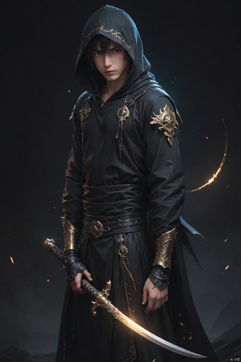  solo, 1boy, holding, standing, weapon, male focus, hood, holding weapon, armor, glowing, glowing eyes, hood up, scythe, holding scythe