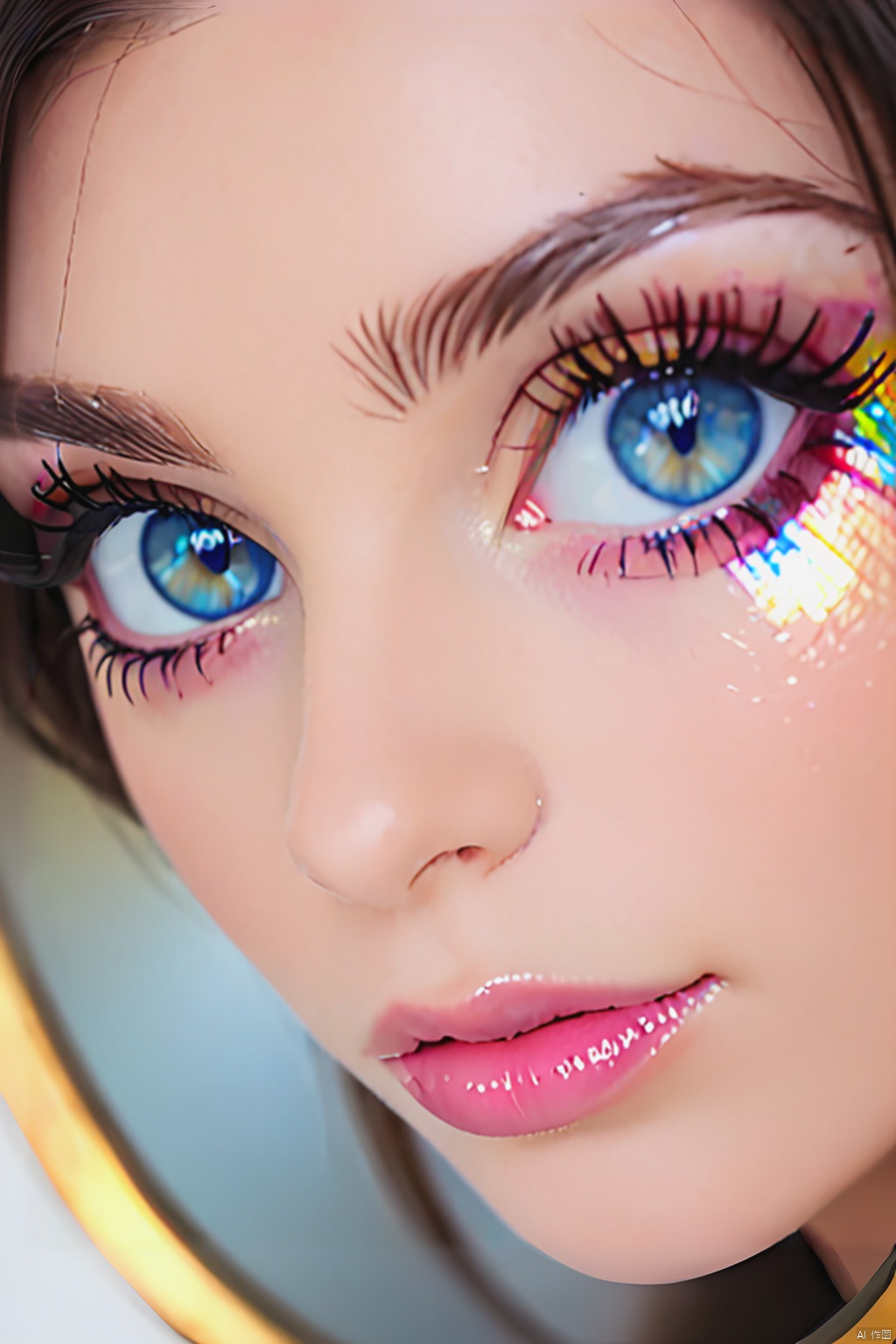  Rainbow foil,1girl, solo, looking at viewer, blue eyes, brown hair, black hair, blurry, lips, eyelashes, makeup, depth of field, portrait, close-up, reflection, realistic, eye focus