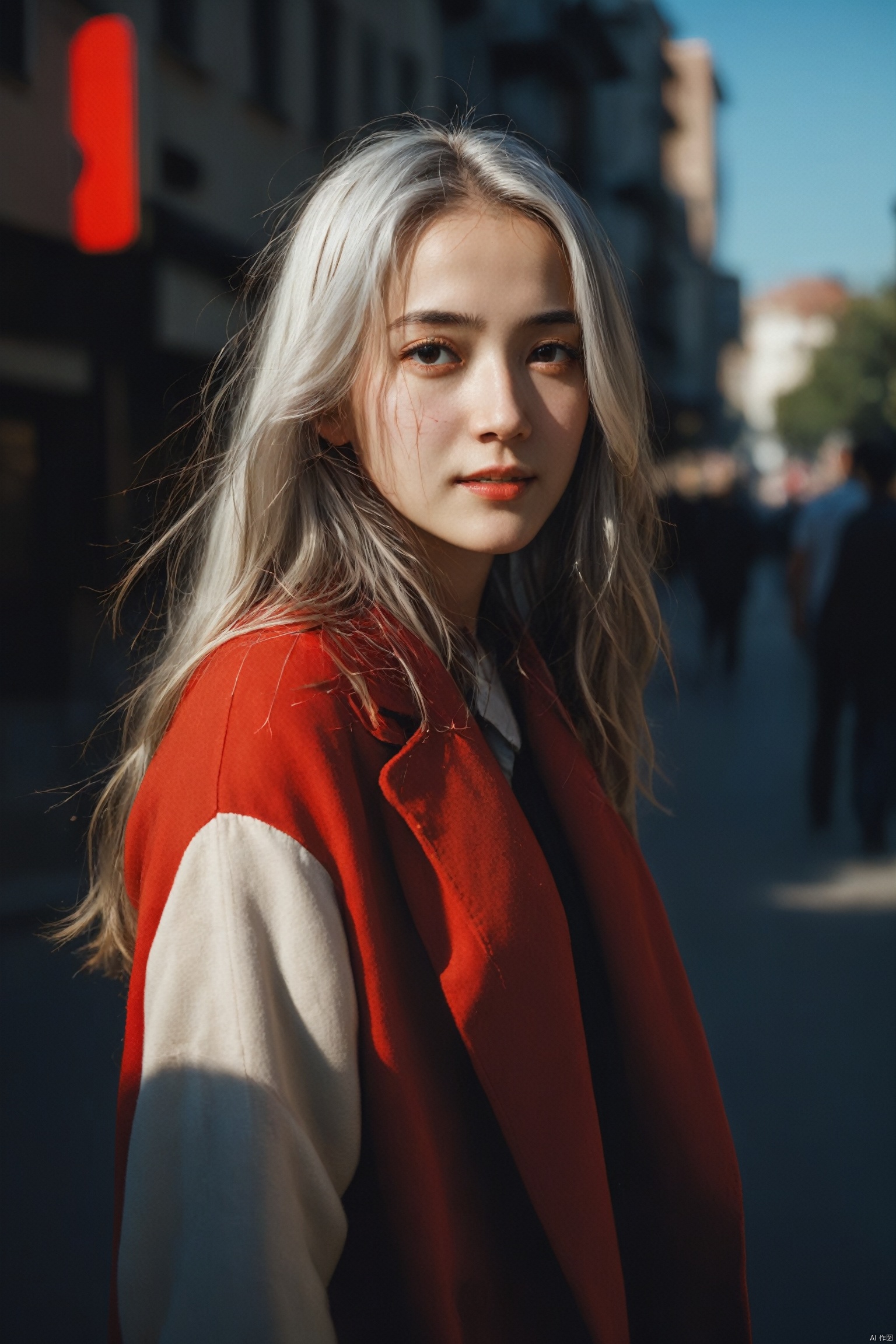 photorealistic of a cute girl in red\(smile, messy long silver hair\), detailed skin and face, shadow, cinematic, shot from side, look back, street, surrealistic, sense of reality, very realistic, very realistic, intense contrast of light and shadow, Leica M50, f/1.8, light master, Light master<lora:EMS-317795-EMS:0.600000>