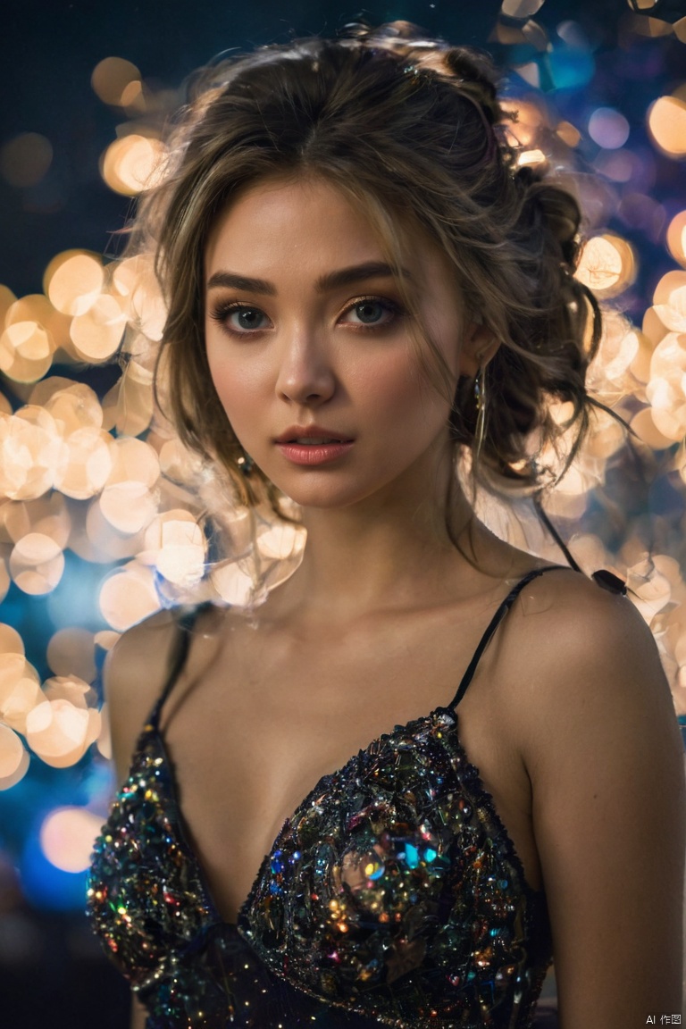 1girl,Mosaic dress,dance, Fairy, crystal, jewels,black, Crystal clear,solo, long hair, looking at viewer,black hair,jewelry, earrings,lips, makeup, portrait, eyeshadow, realistic, nose,{{best quality}}, {{masterpiece}}, {{ultra-detailed}}, {illustration}, {detailed light}, {an extremely delicate and beautiful}, a girl, {beautiful detailed eyes}, stars in the eyes, messy floating hair, colored inner hair, Starry sky adorns hair, depth of field, large breasts,cleavage,zj,blurry, no humans, traditional media, gem, crystal, still life, Dance,movements, hologram girl<lora:EMS-317795-EMS:0.800000>