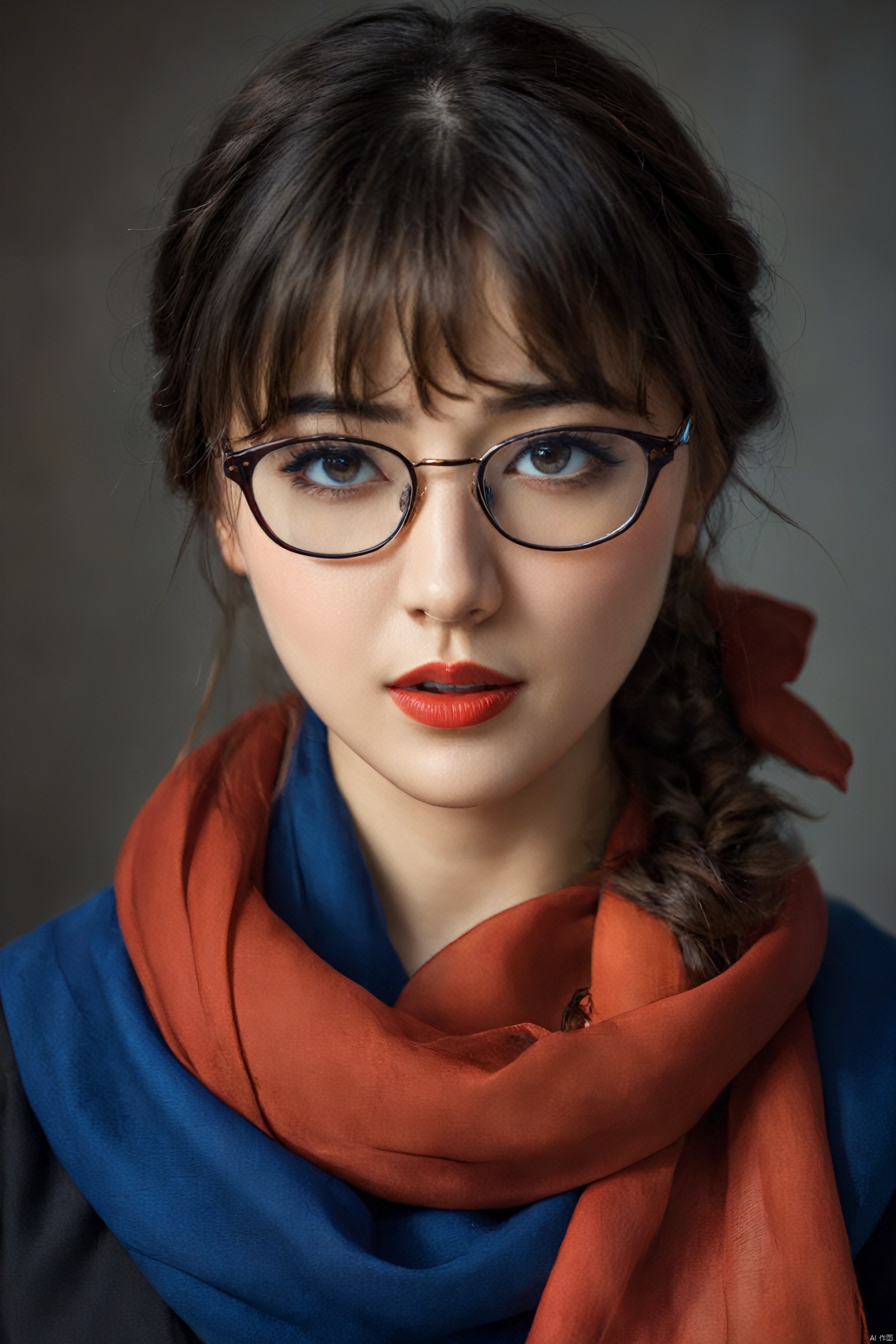 1girl, blue eyes, black hair, realistic, scarf, looking at viewer, twintails, solo, lips, long hair, portrait, nose, closed mouth, red-framed eyewear, solo focus, finger to mouth, simple background, traditional media, pov, purple scarf, eyelashes, close-up, mole, blue background, bangs, signature, upper body, adjusting eyewear, goggles, parted lips, out of frame, red lips, hair between eyes, pov hands, open mouth, blush, makeup, brown hair, grey background, eye focus, lipstick, smile, expressionless, eyewear on head, parted bangs, semi-rimless eyewear, mole under mouth, poking, blurry, freckles, red scarf, looking over eyewear, breasts, blue hair, reflection, two side up, mole under eye, short hair, round eyewear, biting, short twintails, ribbon, painterly, pointing, hand up, realistic details, surrealistic, sense of reality, very realistic, very realistic, intense contrast of light and shadow, Light master<lora:EMS-317795-EMS:0.800000>