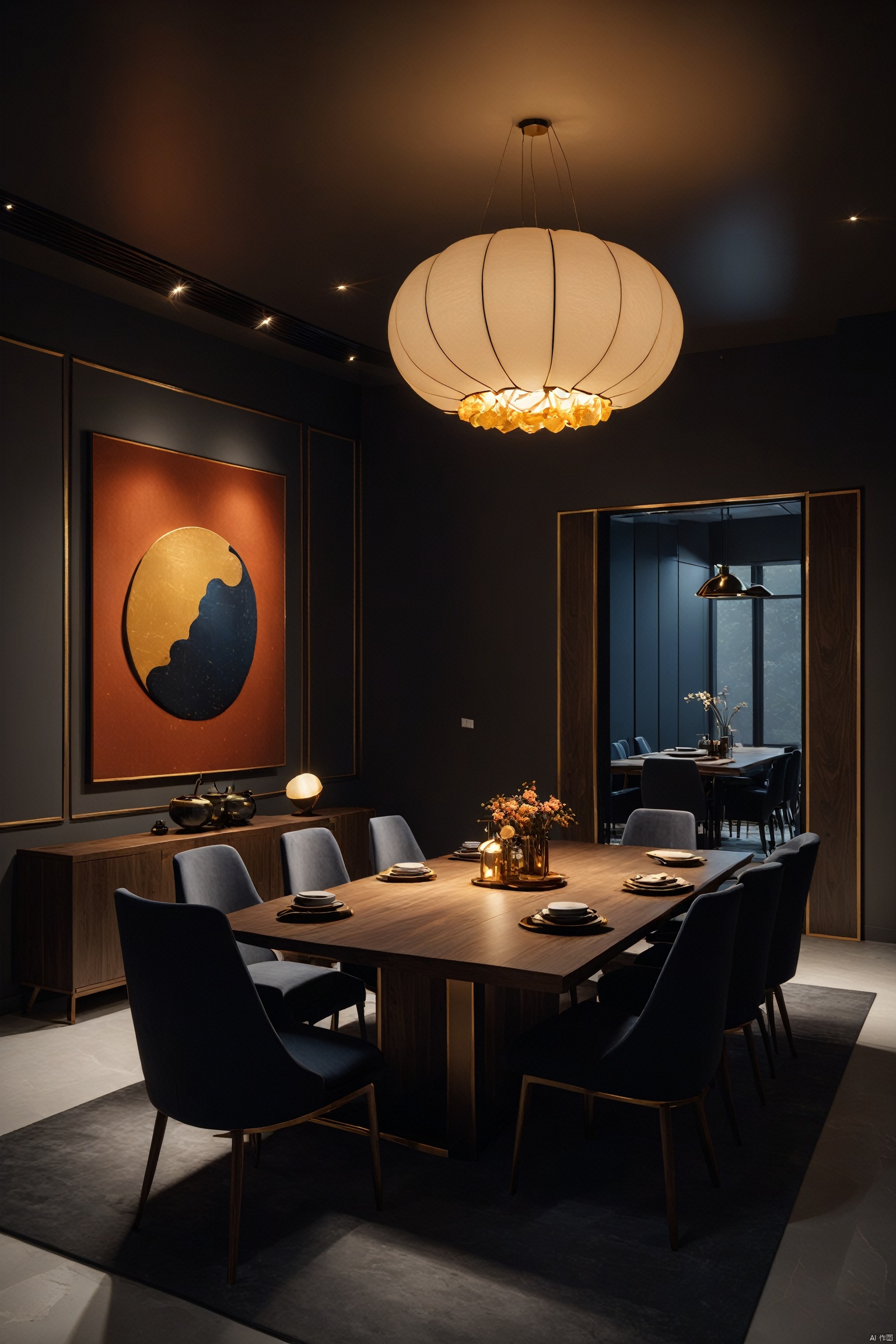 zen,There is a large dining table with chairs and vases on top, key lighting, peugot onyx, vray, beautiful, rendered in Lumion Pro, Corona renderer, vray lighting, ultra realistic rendering, avant-garde lighting, dark concrete room, 8k, Unreal Engine 5, 4k rendering, volume lighting - h 7 6 8, dark exhibition hall, 3dsmax+vray, surrealist lighting studio, edge lighting, 16k, octane rendering, Pinterest, Warm lighting inside, modern lighting,high detail,extremely detailed, best quality, masterpiece, high resolution, Photorealism, Hyperrealistic, Realistic, 8Kcorona render, octane render, 3ds maxzen<lora:EMS-317795-EMS:0.800000>