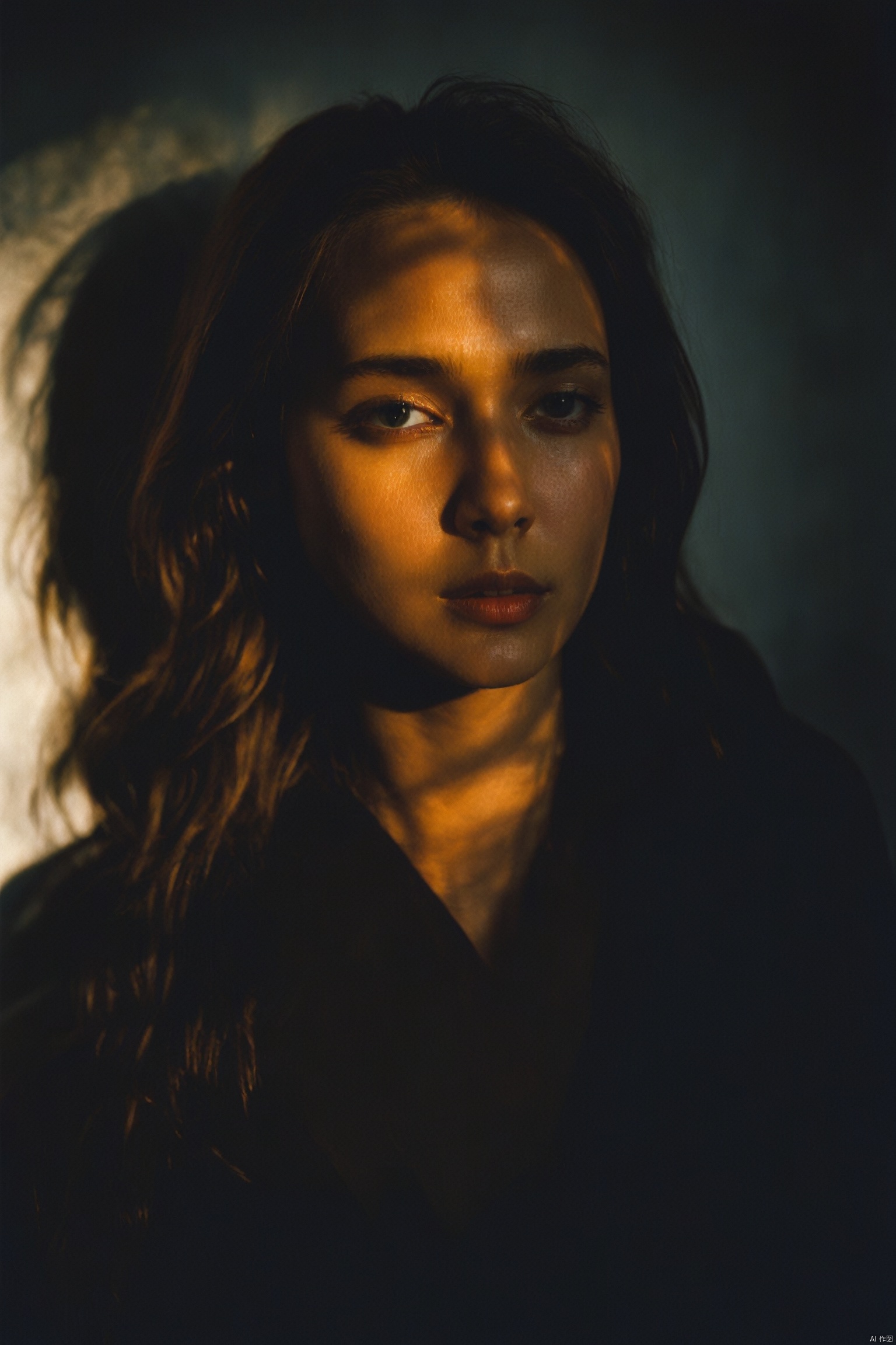 portrait of 1girl by Bill Henson, 1 girl, fashion,shadows,dramatic lighting,sunset,contemporary,dark,expressionism,dystopia,industrial, Light master, light master<lora:EMS-317795-EMS:0.800000>