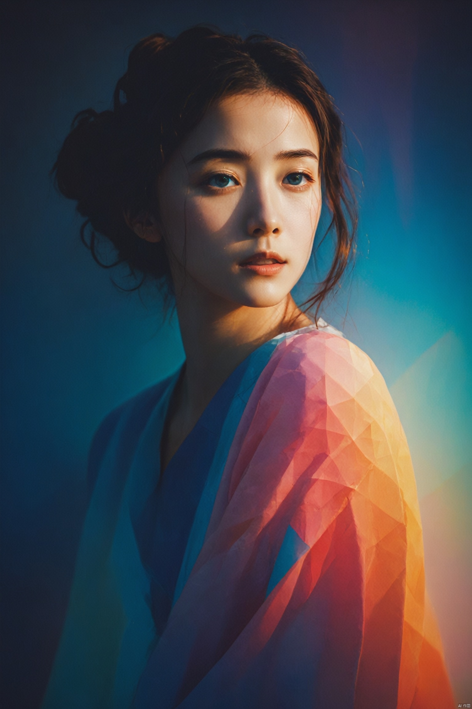 head and shoulders, flat color BREAK (vaporwave:1.2), a statuesque Picaroto woman with prisms in her eyes, geometric gradients background BREAK colorful, dream-like, illustration, gradient surreal fantasy, by Victo Ngai Makoto Shinkai, Light master<lora:EMS-317795-EMS:0.800000>