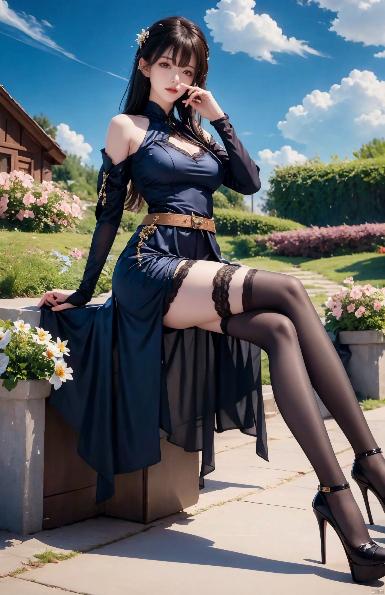 1girl, solo, breasts, looking at viewer, bangs, black hair, thighhighs, long sleeves, dress, , bare shoulders, brown eyes, jewelry, medium breasts, sitting, full body, flower, outdoors, detached sleeves, sky, day, belt, black thighhighs, cloud, black footwear, black dress, high heels, blue sky, lips, petals, clothing cutout, shadow, cleavage cutout, finger to mouth,UHD, retina, masterpiece, ccurate, anatomically correct, textured skin, best quality, award winning, high quality, high details, high details, 16k,The background is blurred,