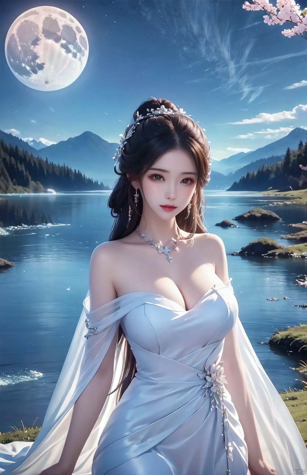1girl, solo, long hair, looking at viewer, black hair, hair ornament, dress, bare shoulders, jewelry, upper body, earrings, sky, white dress, night, facial mark, moon, night sky, mountain, forehead mark,UHD, retina, masterpiece, ccurate, anatomically correct, textured skin, best quality, award winning, high quality, high details, high details, 16k,The background is blurred,