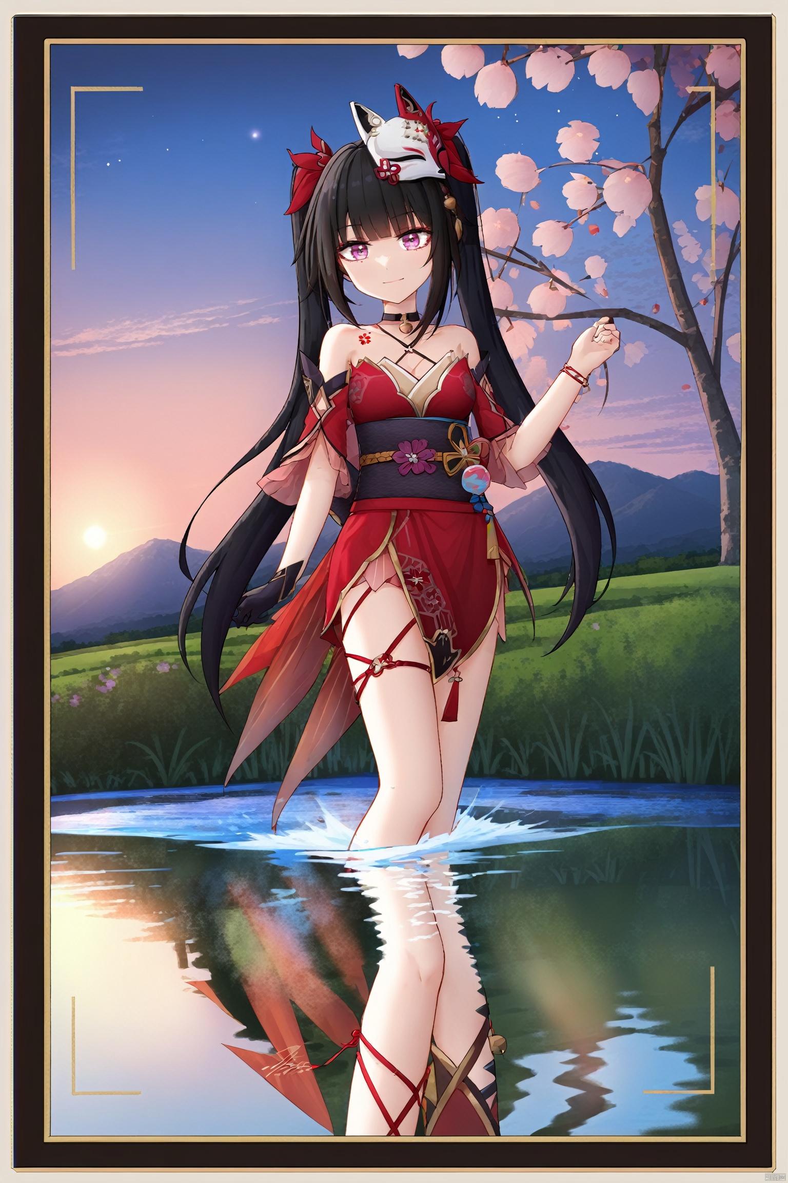  ((best quality)),((masterpiece)),((ultra-detailed)),(illustration),(detailed light),(an extremely delicate and beautiful),
\\\\\\\\\\
1girl play in water,happy
\\\\\\\
((trim)), incredibly_absurdres,(ray tracing),((lens 135mm,f1.8)),(summer),((sunset)), ((Movie Poster)),(signature),(English text:1.2),(Galaxy),(Streams),((mountain)),(cloud),((wetland)),((Cherry blossom tree)),(((border))),((frame):1.15), masterpiece,best quality,highres,
////////////////////////// huahuo, mask on head, black hair, twintails, purple eyes, fox mask,Cherry blossom tattoo, chest tattoo,