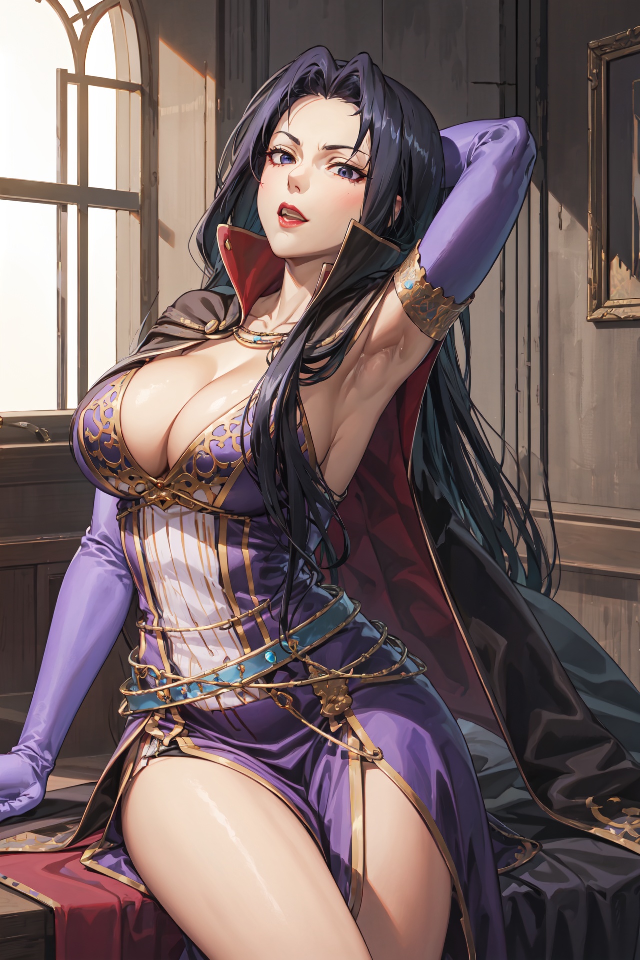 sitting with her back arched,  cowboy shot,  hol_hilda on Tensor.Art