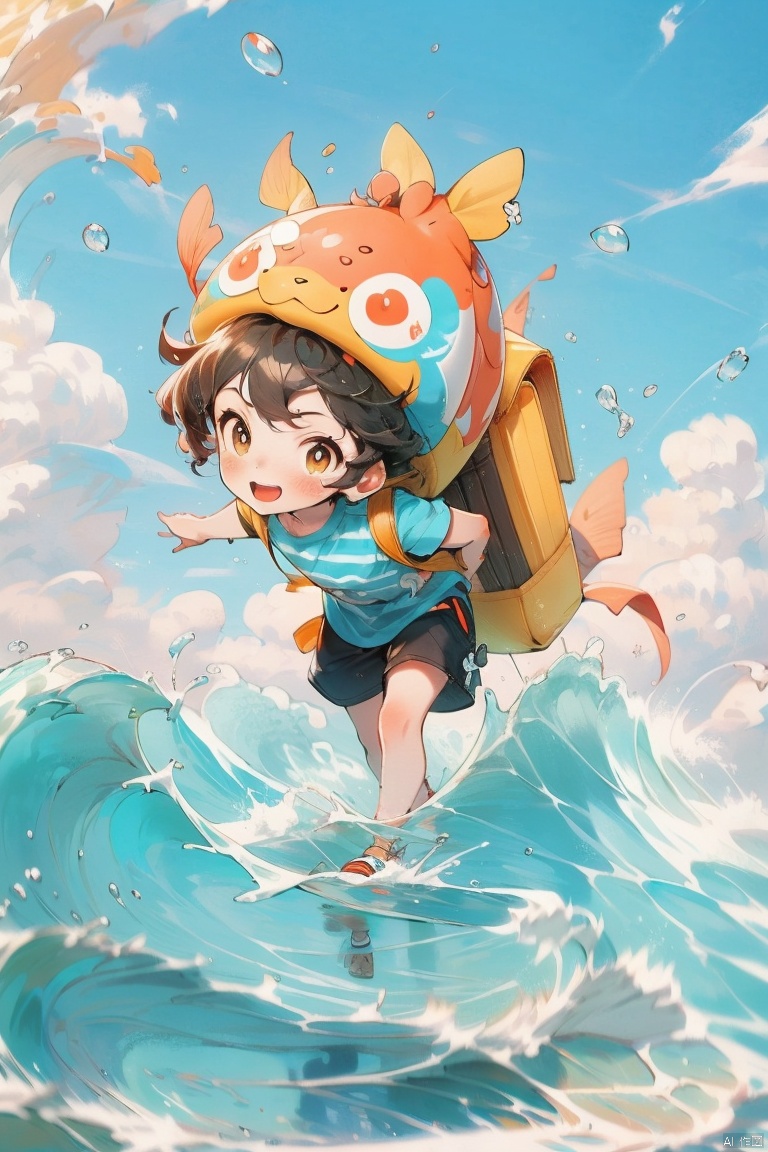  Masterpiece, high quality, 8K, full body, 1boy  air bubble  backpack  bag  beach  black hair  blue sky  bright pupils  brown eyes  bubble  chibi  cloud  day  fish  hat  male focus  ocean  open mouth  outdoors  pokemon \(creature\)  sand  shirt  shoes  shorts  sky  smile  splashing  striped  striped shirt  submerged  surfing  water  water drop  waves
