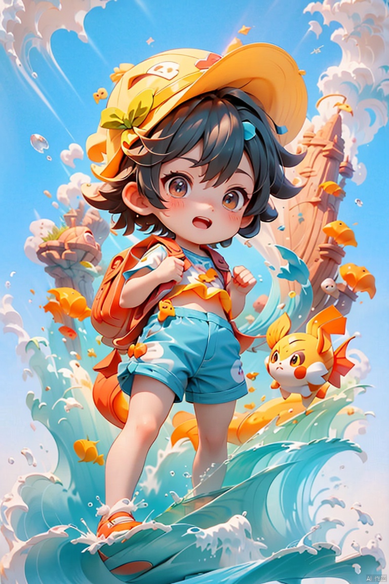  Masterpiece, high quality, 8K, full body, 1boy  air bubble  backpack  bag  beach  black hair  blue sky  bright pupils  brown eyes  bubble  chibi  cloud  day  fish  hat  male focus  ocean  open mouth  outdoors  pokemon \(creature\)  sand  shirt  shoes  shorts  sky  smile  splashing  striped  striped shirt  submerged  surfing  water  water drop  waves