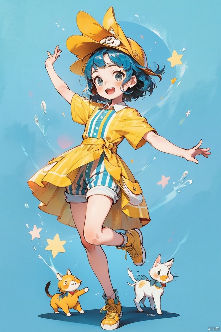  Masterpiece, high quality, 8K, full body, 1girl  :d  artist name  bangs  blue background  blue eyes  blue hair  chibi  full body  grey eyes  hair ornament  hat  looking at viewer  open mouth  outstretched arms  shirt  short hair  short sleeves  shorts  smile  solo  spread arms  standing  standing on one leg  striped  swept bangs  yellow headwear