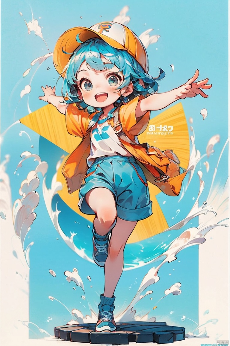  Masterpiece, high quality, 8K, full body, 1girl  :d  artist name  bangs  blue background  blue eyes  blue hair  chibi  full body  grey eyes  hair ornament  hat  looking at viewer  open mouth  outstretched arms  shirt  short hair  short sleeves  shorts  smile  solo  spread arms  standing  standing on one leg  striped  swept bangs  yellow headwear