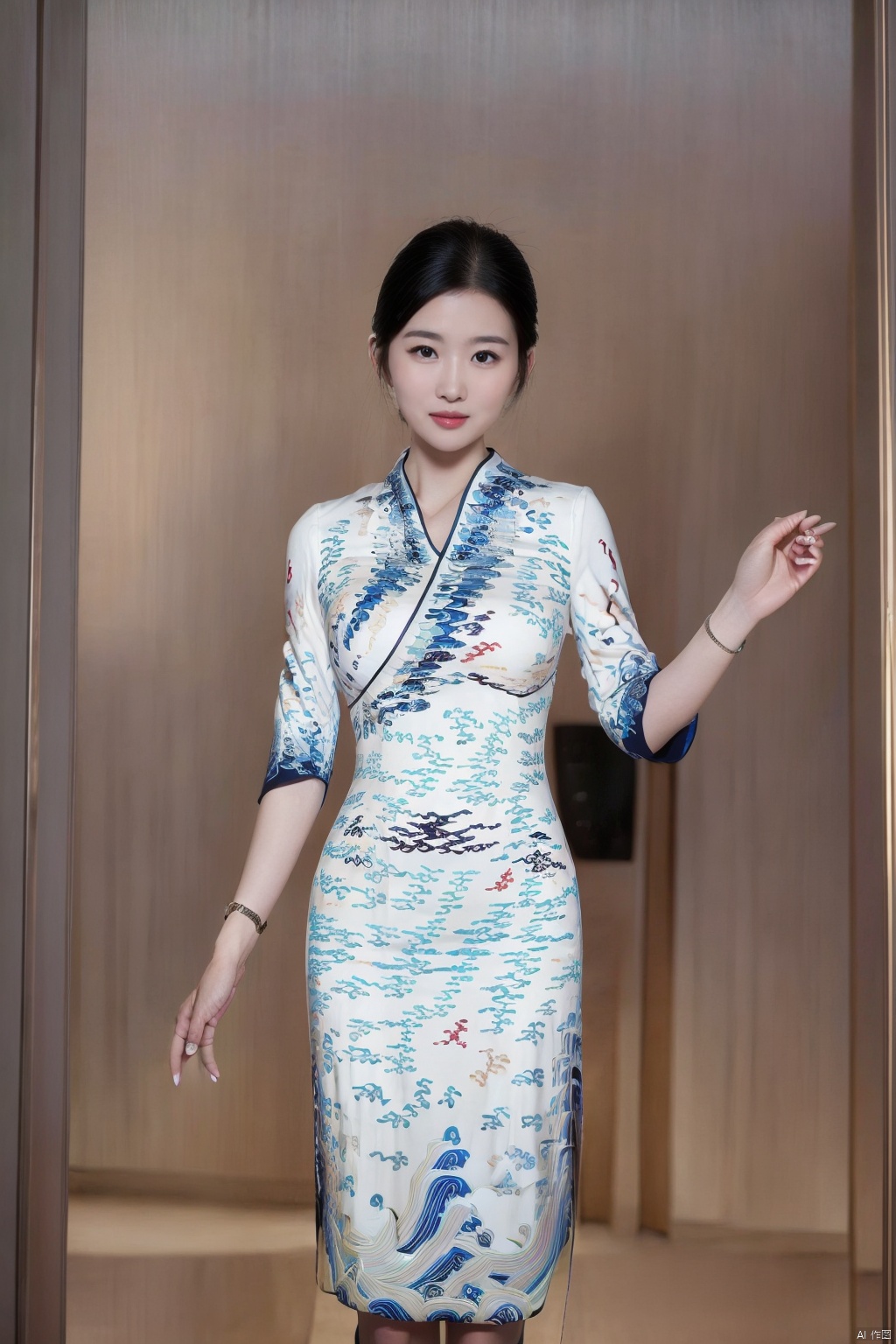 (global illumination, reality,ray tracing, HDR, unreal rendering, reasonable design, high detail, masterpiece,best quality, ultra high definition, movie lighting),
1girl,outdoor,looking_at_viewer,side_blunt_bangs,china_dress,chinese_style,big breasts,pose,solo,1girl,black hair,black eyes, , haihang