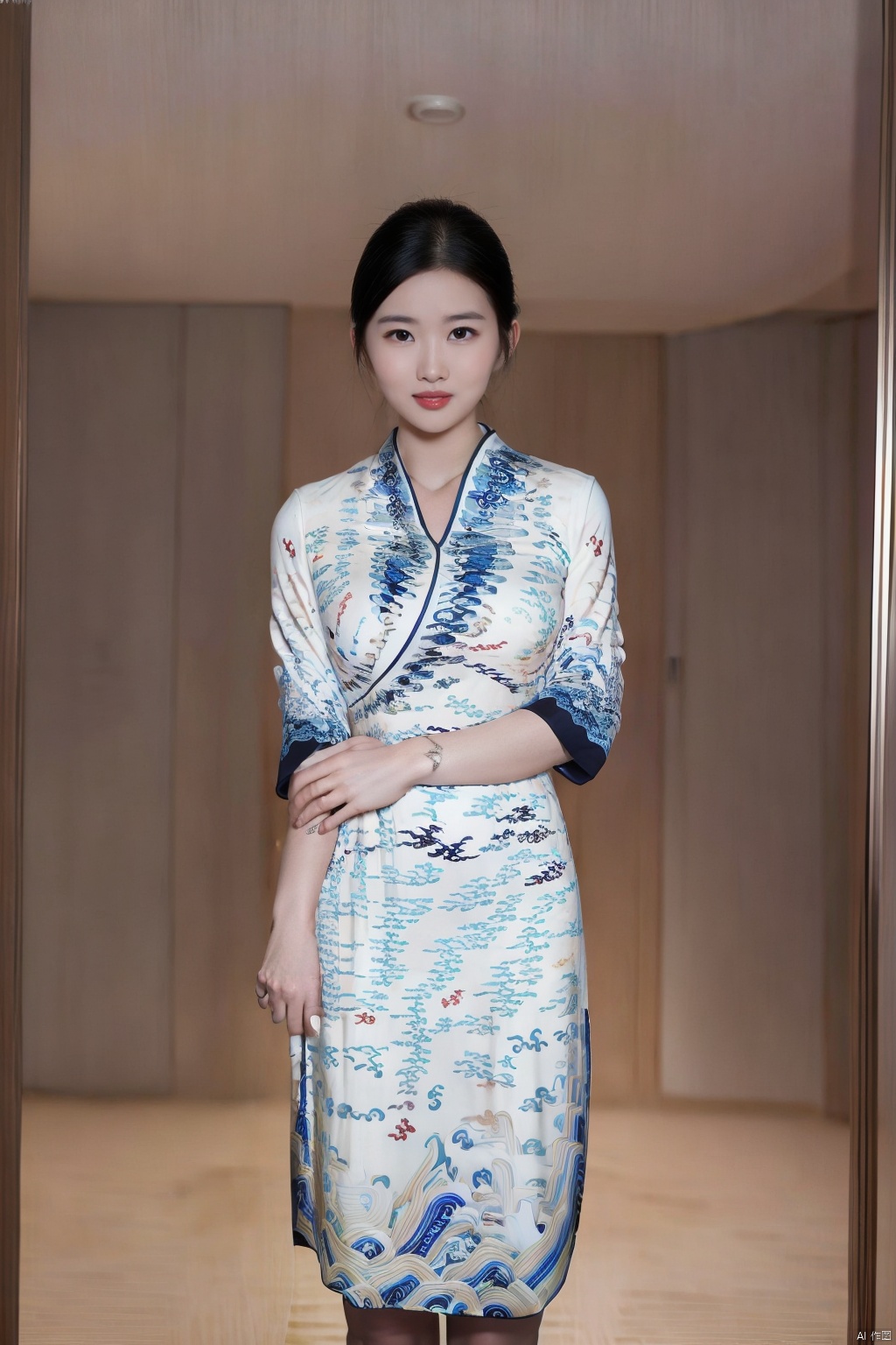 (global illumination, reality,ray tracing, HDR, unreal rendering, reasonable design, high detail, masterpiece,best quality, ultra high definition, movie lighting),
1girl,outdoor,looking_at_viewer,side_blunt_bangs,china_dress,chinese_style,big breasts,pose,solo,1girl,black hair,black eyes, , haihang