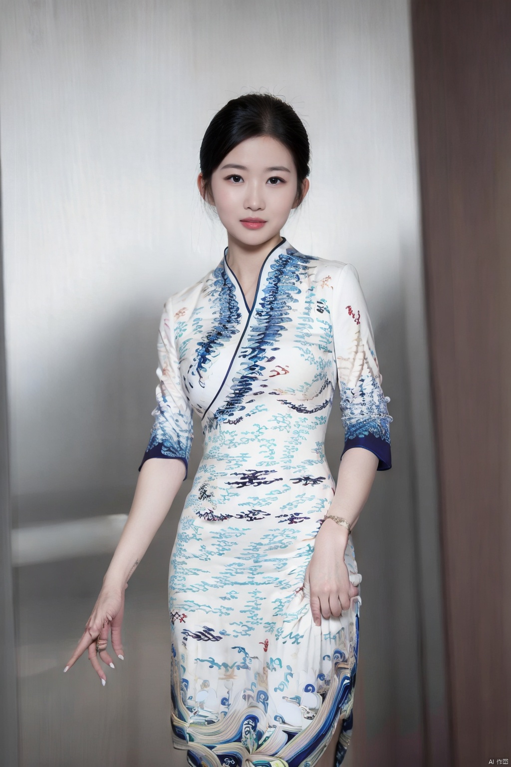 (global illumination, reality,ray tracing, HDR, unreal rendering, reasonable design, high detail, masterpiece,best quality, ultra high definition, movie lighting),
1girl,outdoor,looking_at_viewer,side_blunt_bangs,china_dress,chinese_style,big breasts,pose,solo,1girl,black hair,black eyes, , haihang, sitting