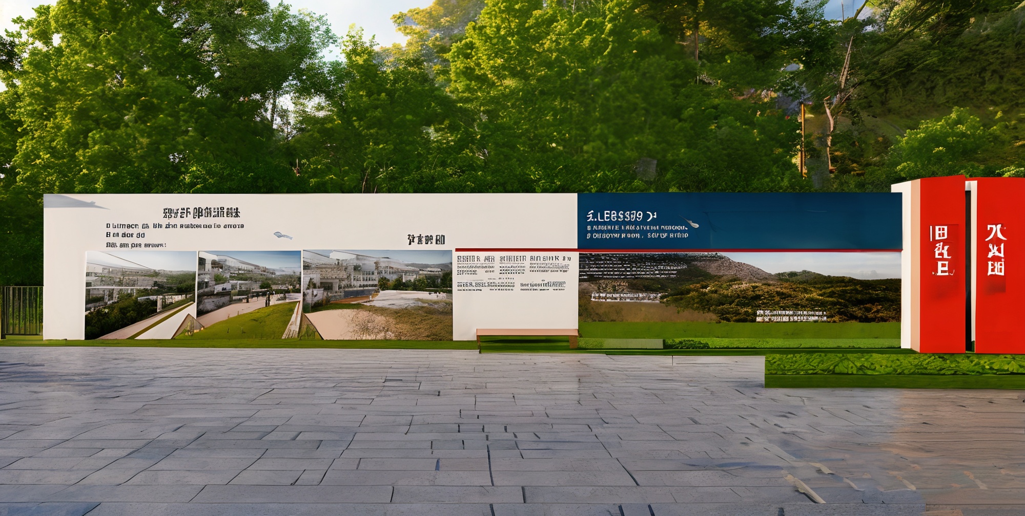 rural landscape wall,<lora:xiangcun 3:0.8>,cultural promotion column,red long upper shan,
