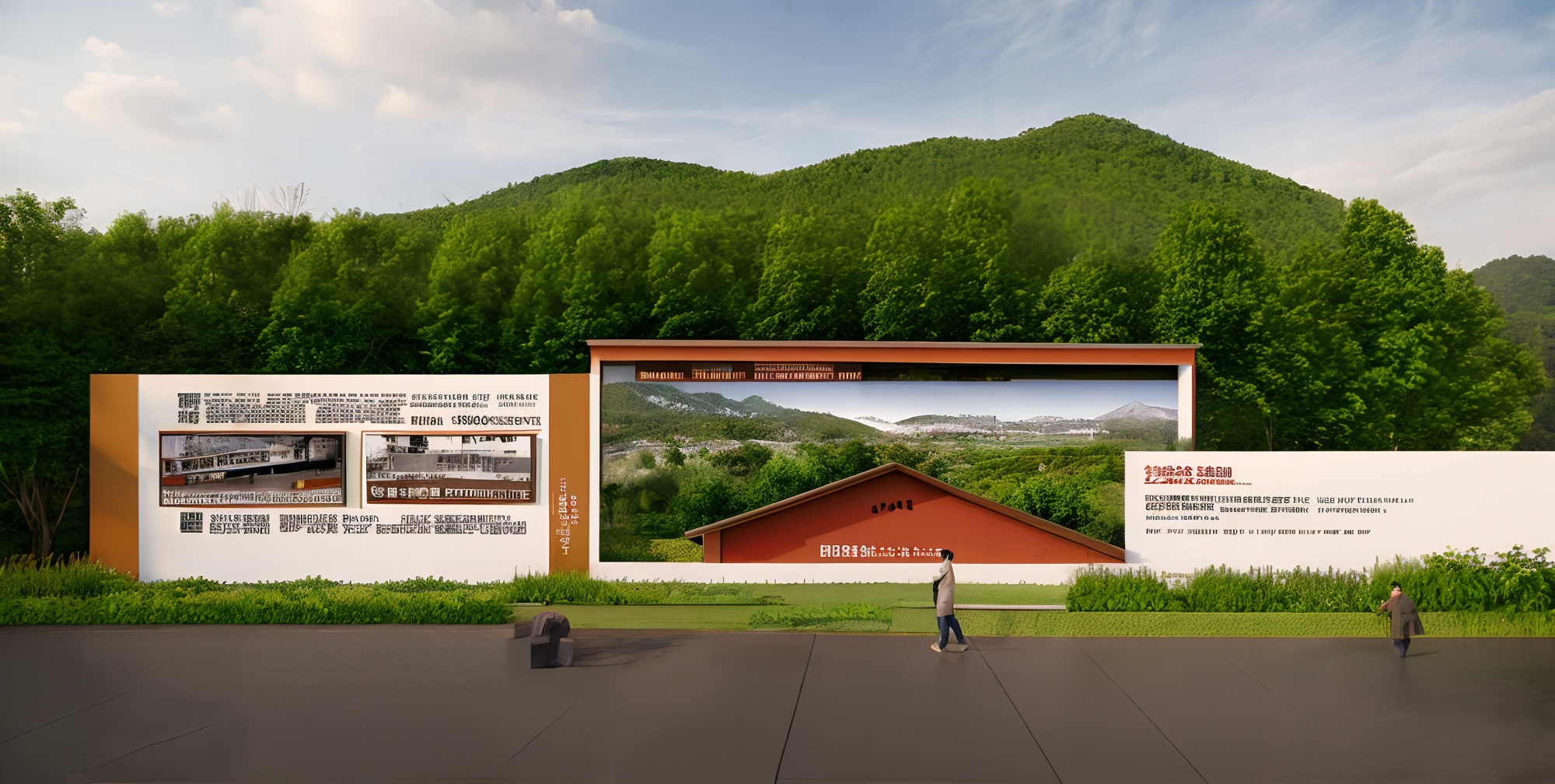 rural landscape wall,<lora:xiangcun 3:0.8>,cultural promotion column,red long upper shan,