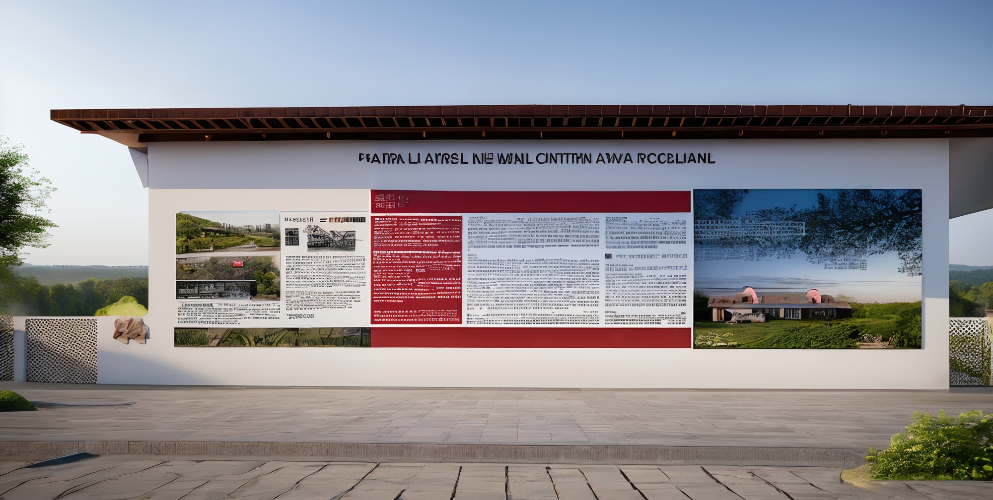 rural landscape wall,<lora:xiangcun 3:0.8>,cultural promotion column,red long upper shan,