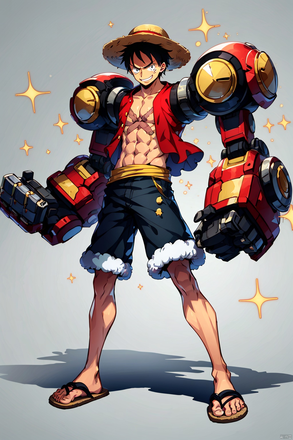 1boy,abs,full body,fur trim,gradient,gradient background,grey background,hat,helmet,male focus,mecha,mechanical arms,monkey d. luffy,open clothes,pectorals,power armor,robot,sandals,shorts,single mechanical arm,smile,solo,sparkle,straw hat