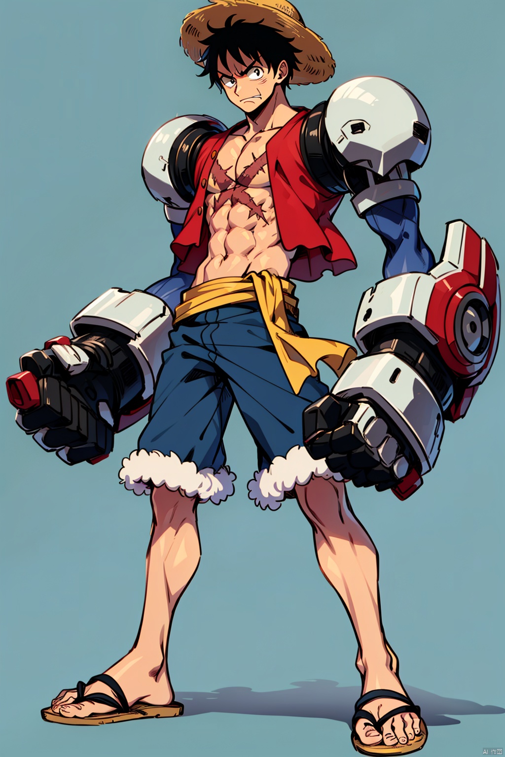 Boy, abs, black hair, full body, fur trim, hat, Male focus, Monkey d. luffy, Blue background, sandals, scar, Simple background
