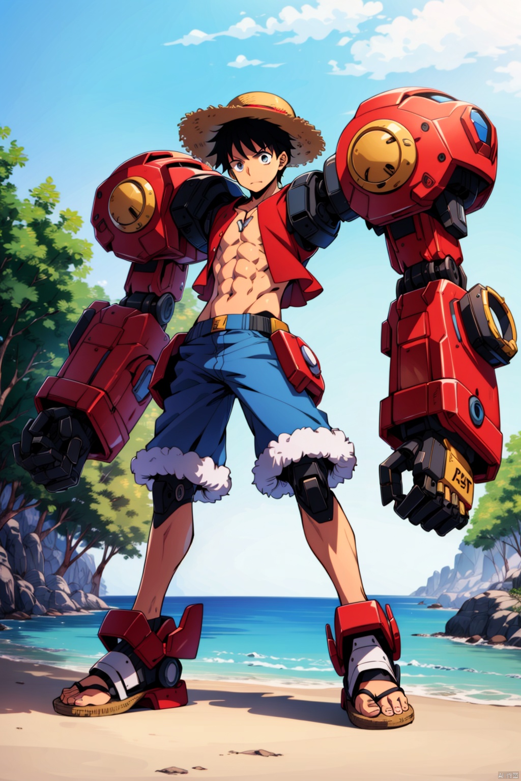 Boy, Mecha, Straw hat, HD, best quality, 16k, blue Mecha