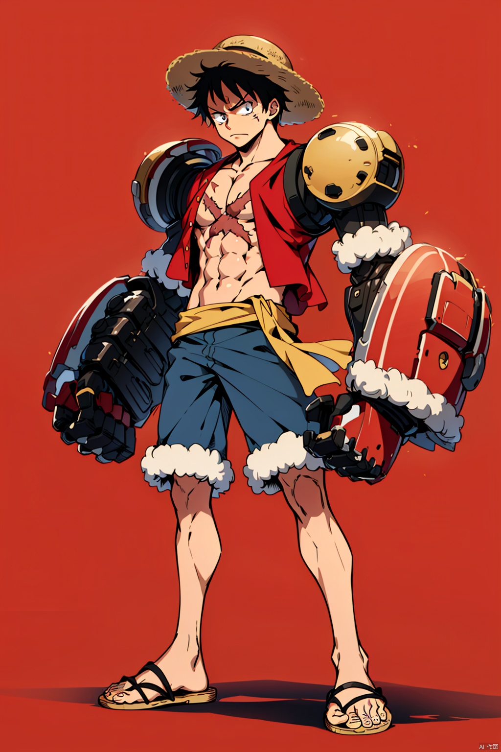 1boy,abs,black hair,full body,fur trim,hat,helmet,holding helmet,male focus,monkey d. luffy,pectorals,red background,red theme,sandals,scar,simple background,straw hat