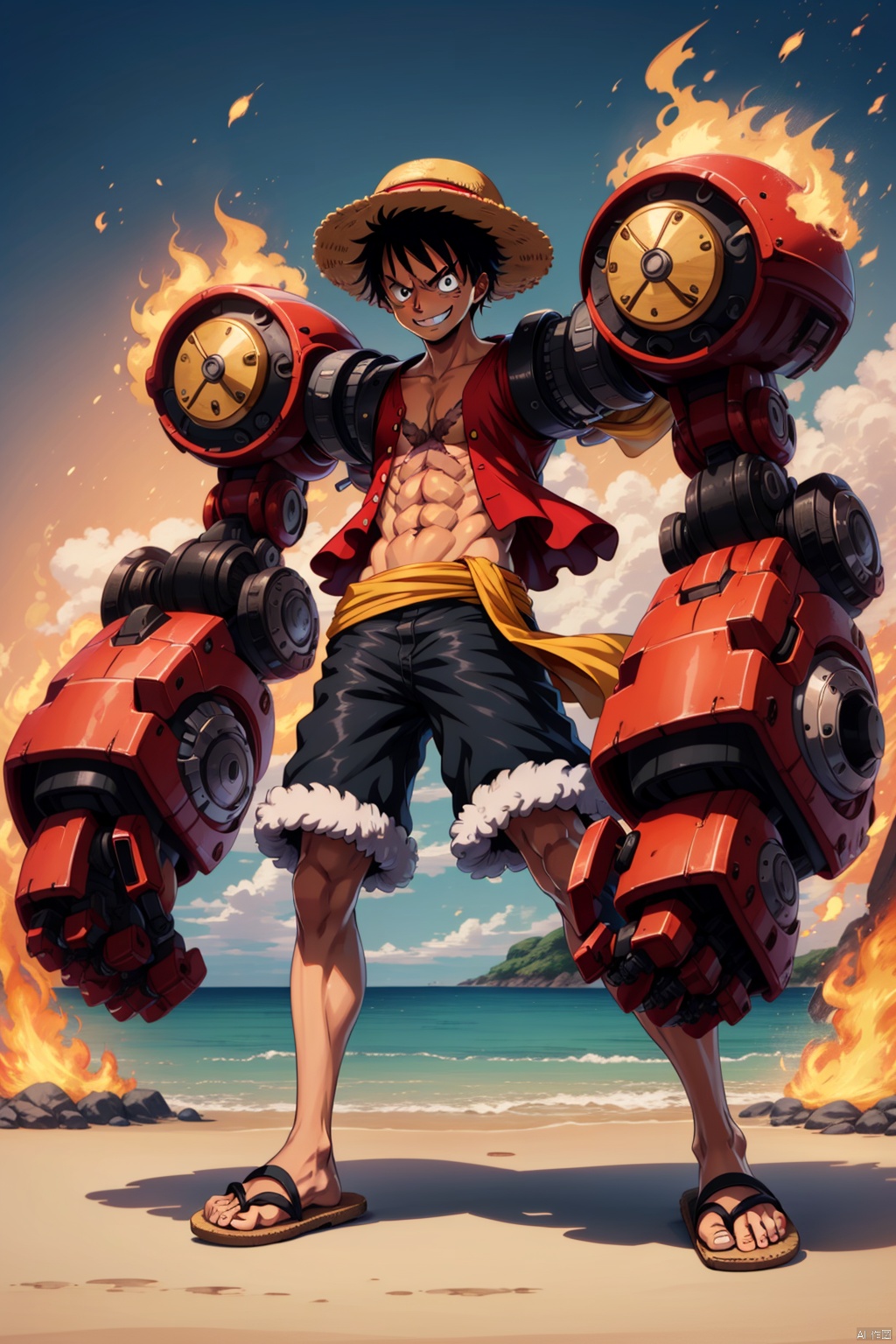 1boy,black hair,fire,fur trim,hat,machinery,male focus,mecha,monkey d. luffy,open clothes,robot,sandals,shorts,sitting,smile,straw hat