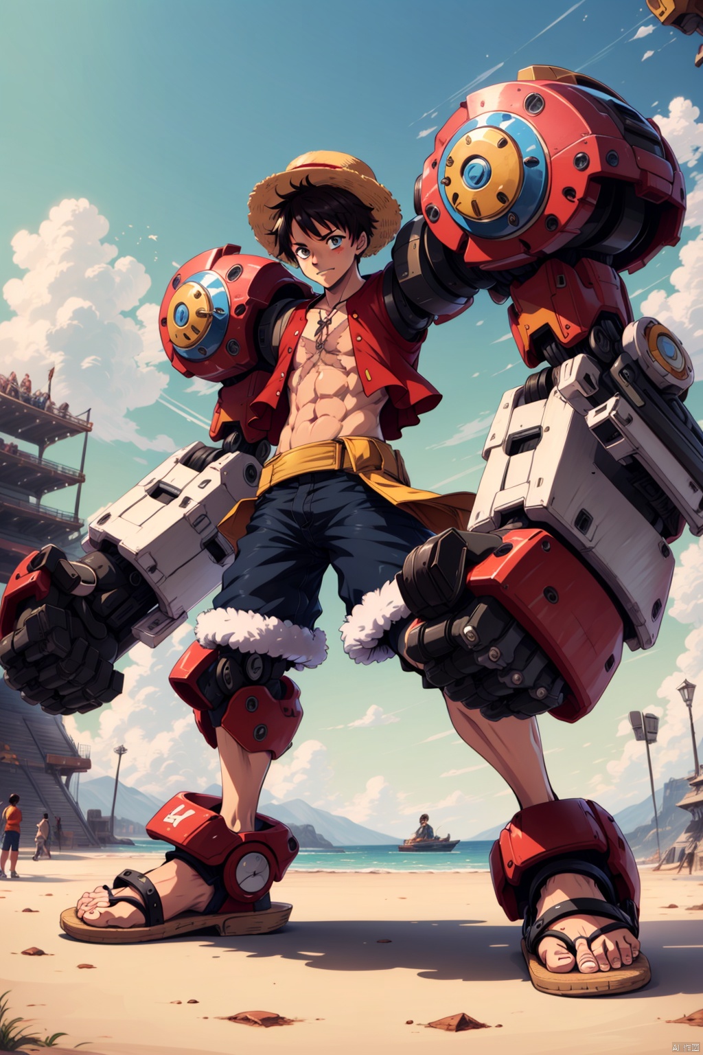 1boy,brown hair,fur trim,machinery,mecha,multiple boys,robot,sandals