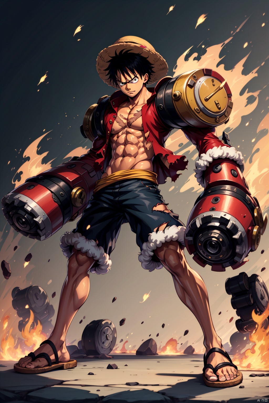1boy,abs,black hair,cannon,fire,fur trim,male focus,manly,monkey d. luffy,sandals,solo,torn clothes,weapon
