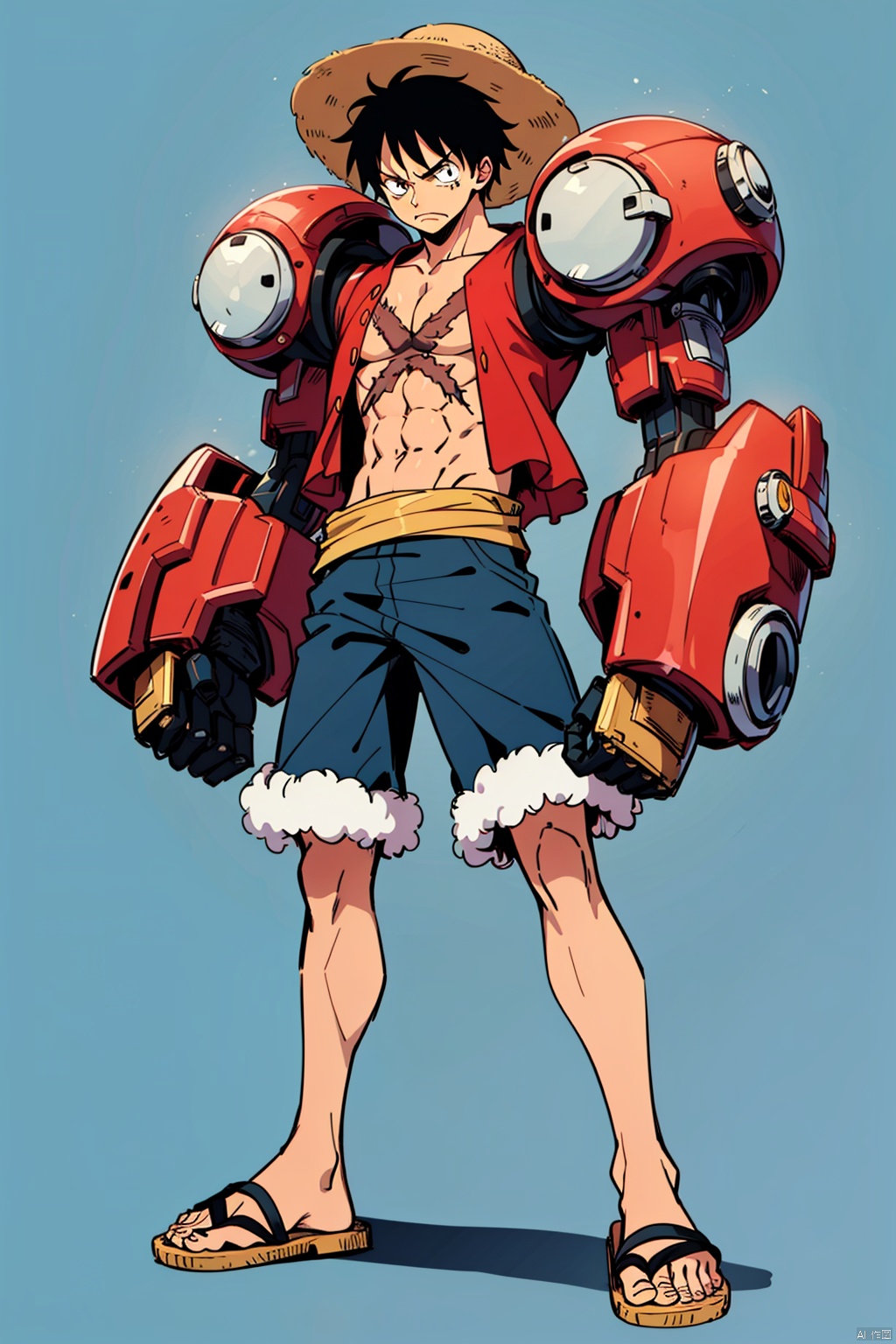 Boy, abs, black hair, full body, fur trim, hat, Handheld helmet, Male focus, Monkey d. luffy, blue background, sandals, scar, Simple background
