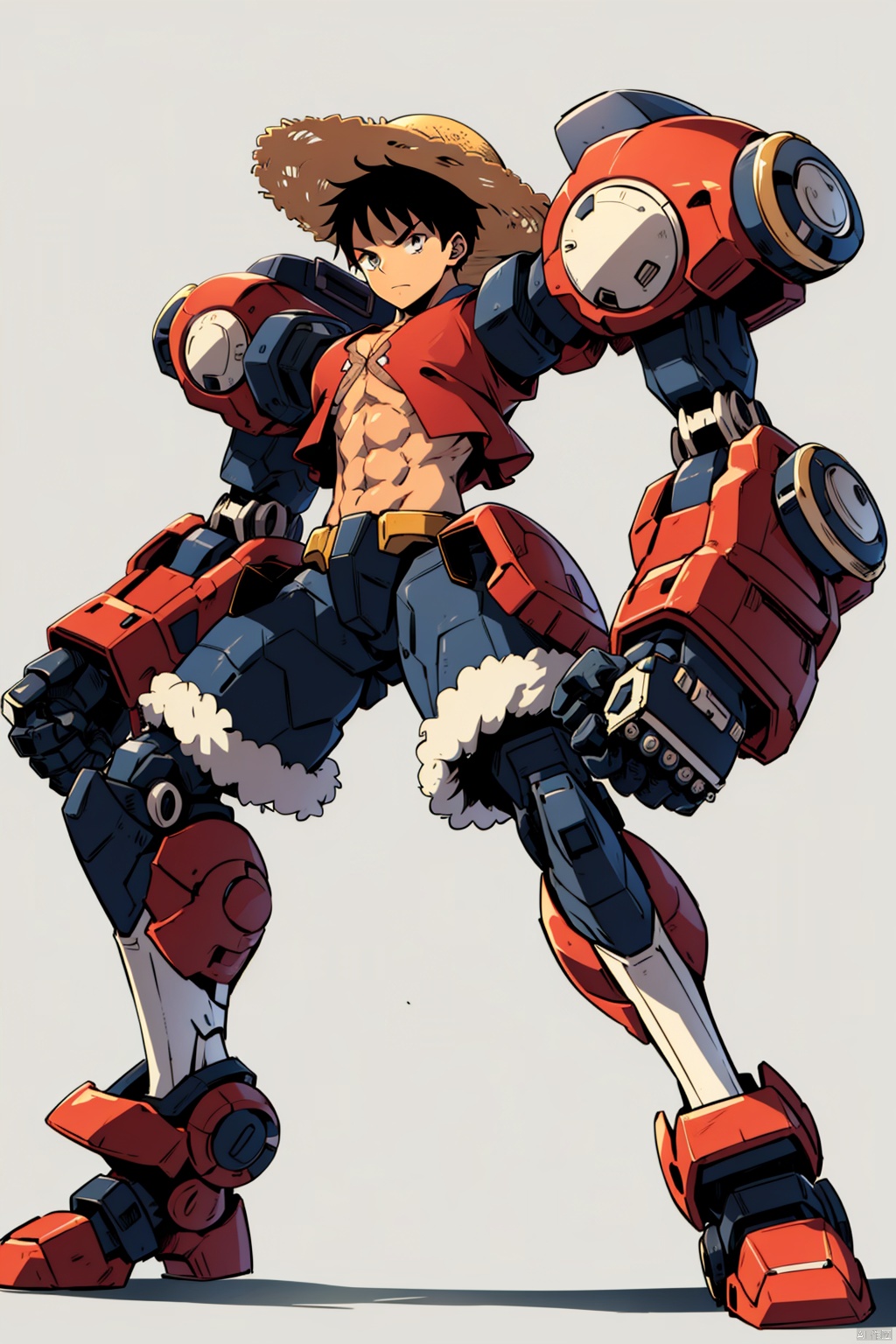 Boy, Mecha, Straw hat, HD, best quality, 16k, Blue Mecha, Simple background, dynamic pose